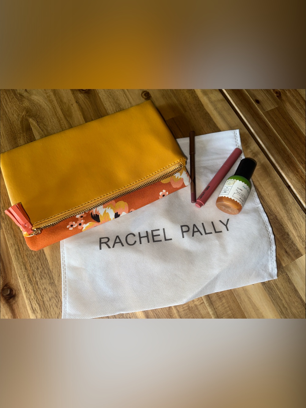 Rachel Pally Mustard Yellow Fold-Over Zip Clutch with Floral Trim